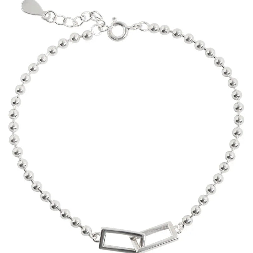 A silver-plated rectangle bead bracelet with an adjustable chain, presented against a white background.