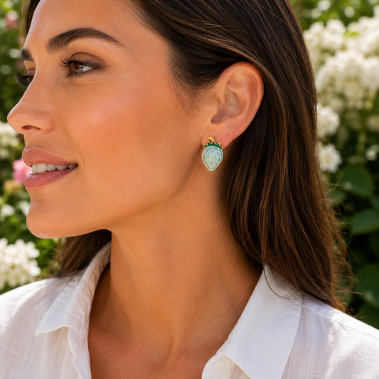 Woman wearing Blue Strawberry Earrings