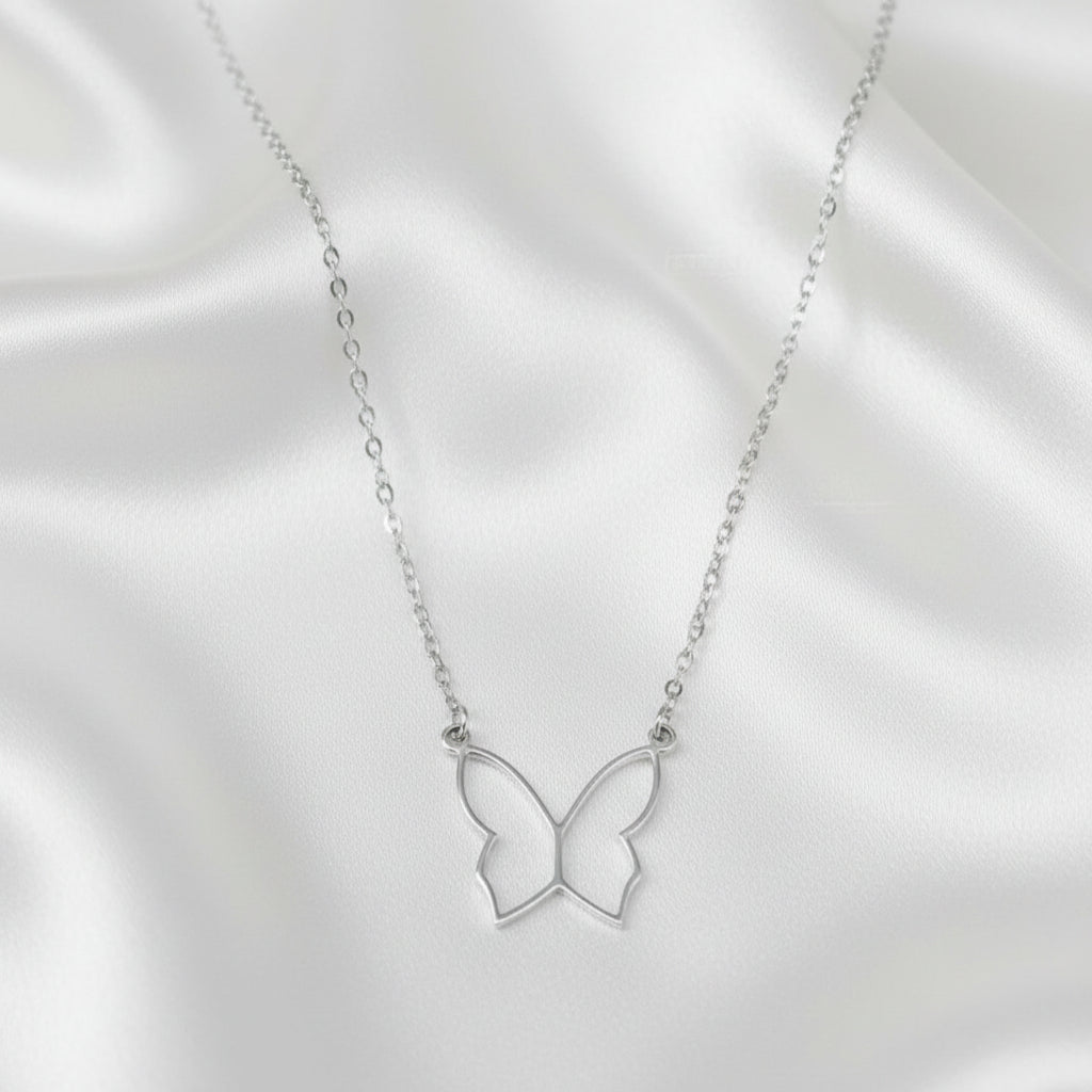Butterfly Silver Necklace on a natural background
