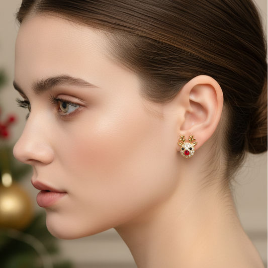 Gold reindeer-shaped earrings with red gemstones on a beige surface with Christmas decorations in the background.