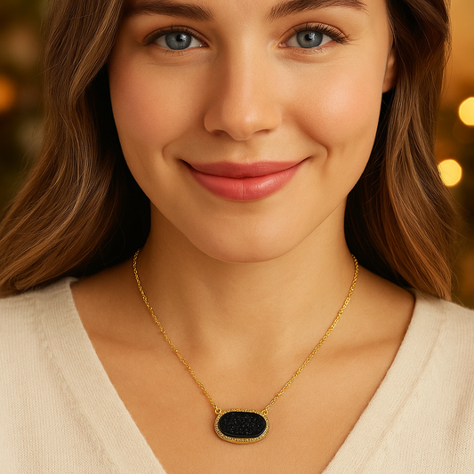 Black Druzy Oval Pendant Gold Necklace
