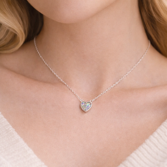 Iridescent Opal Heart Necklace on a model