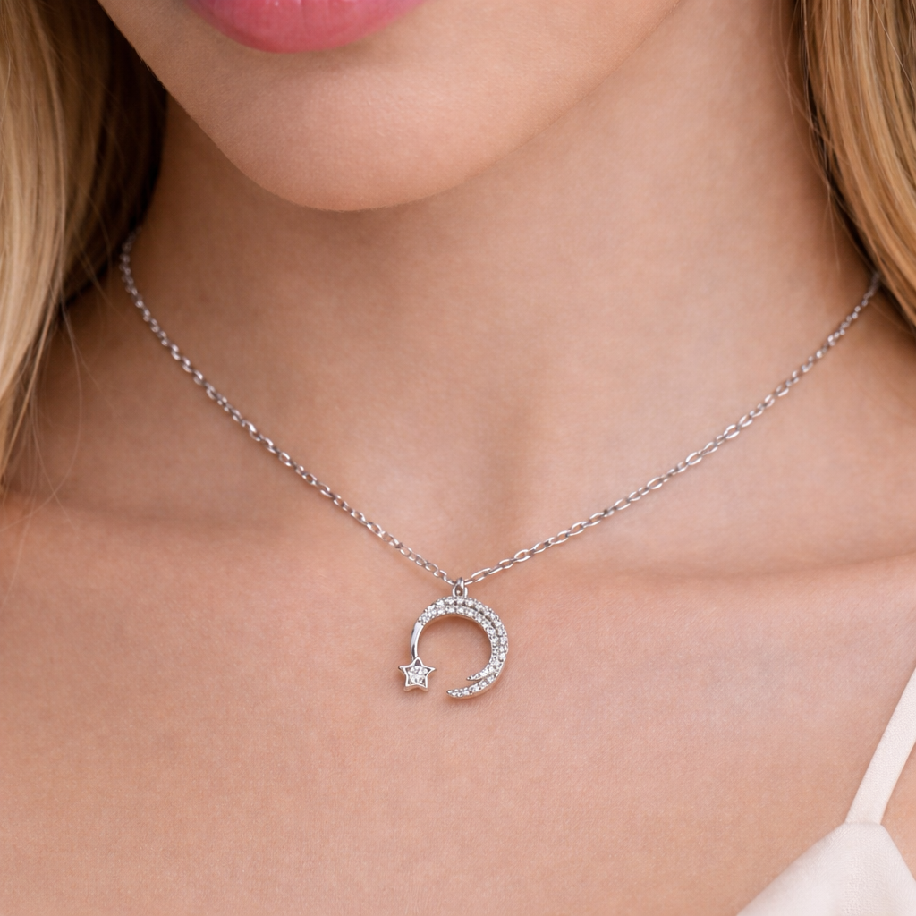Silver Crescent Moon & Star Necklace