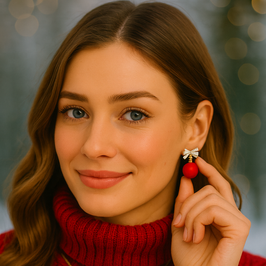 Woman wearing a red sweater and Red Ornament Bow Earring with a blurred background