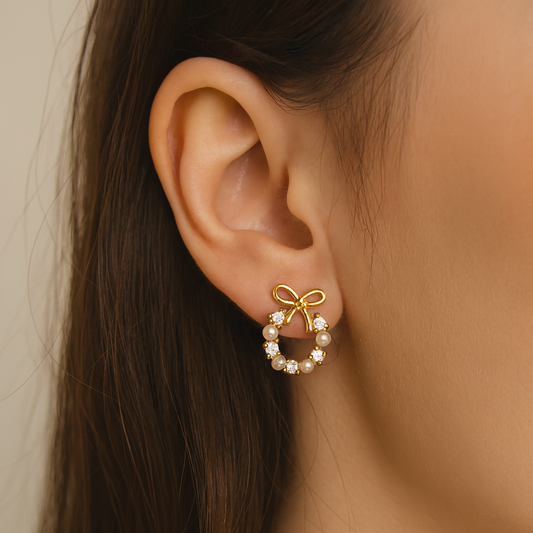 Woman wearing Gold Bow Wreath Earrings