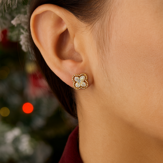 Gold Rhinestone Clover Earrings