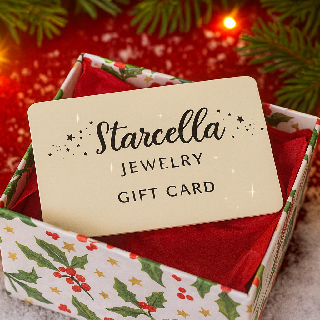 Starcella Jewelry gift card in a decorative box with Christmas lights and decorations in the background