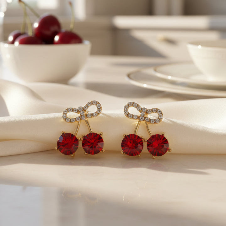 Cherry Bow Pavé Earrings in kitchen