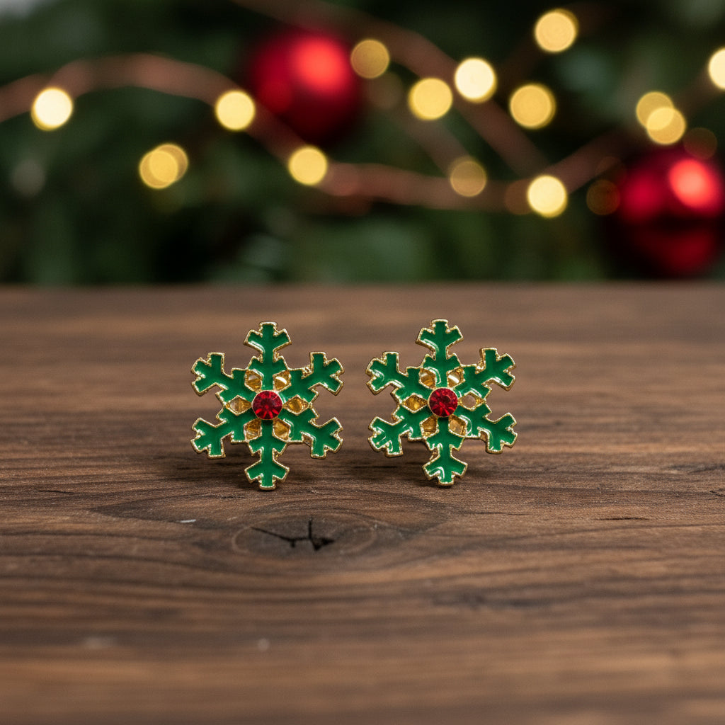 Christmas Snowflake Earrings on wood