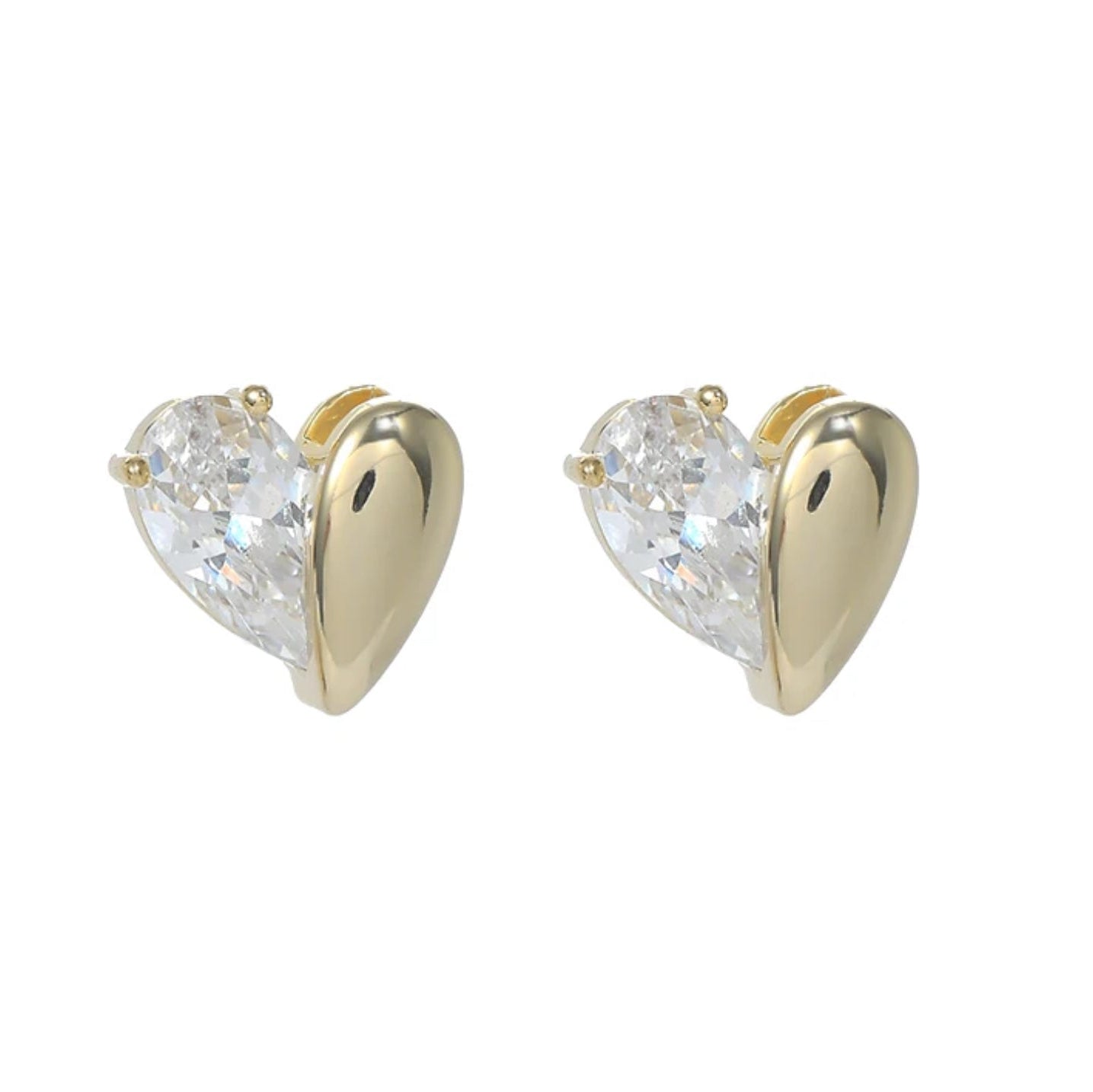 Gold Zircon Heart Earrings with gold setting on a white background