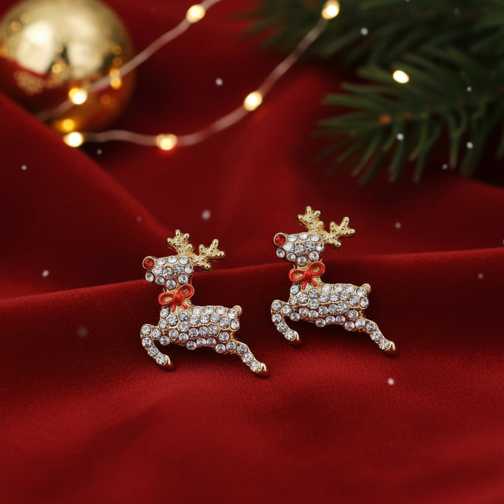 Flying Red-Nosed Reindeer Pavé Earrings on red