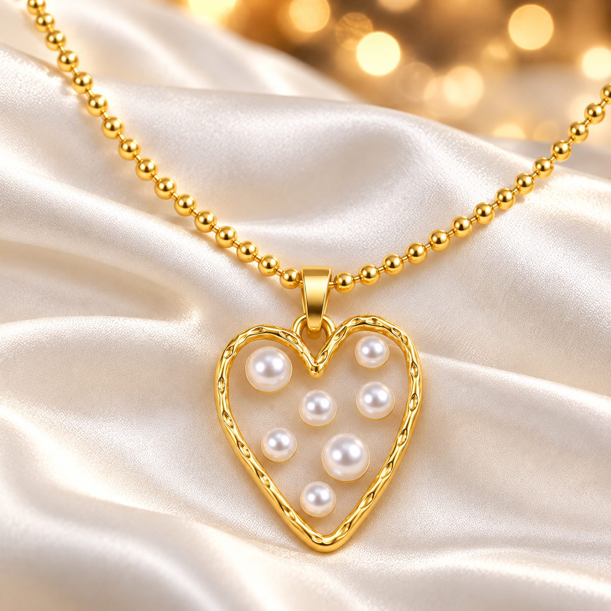 A Golden Heart Pearl Necklace draped white satin fabric with a warm golden bokeh background.