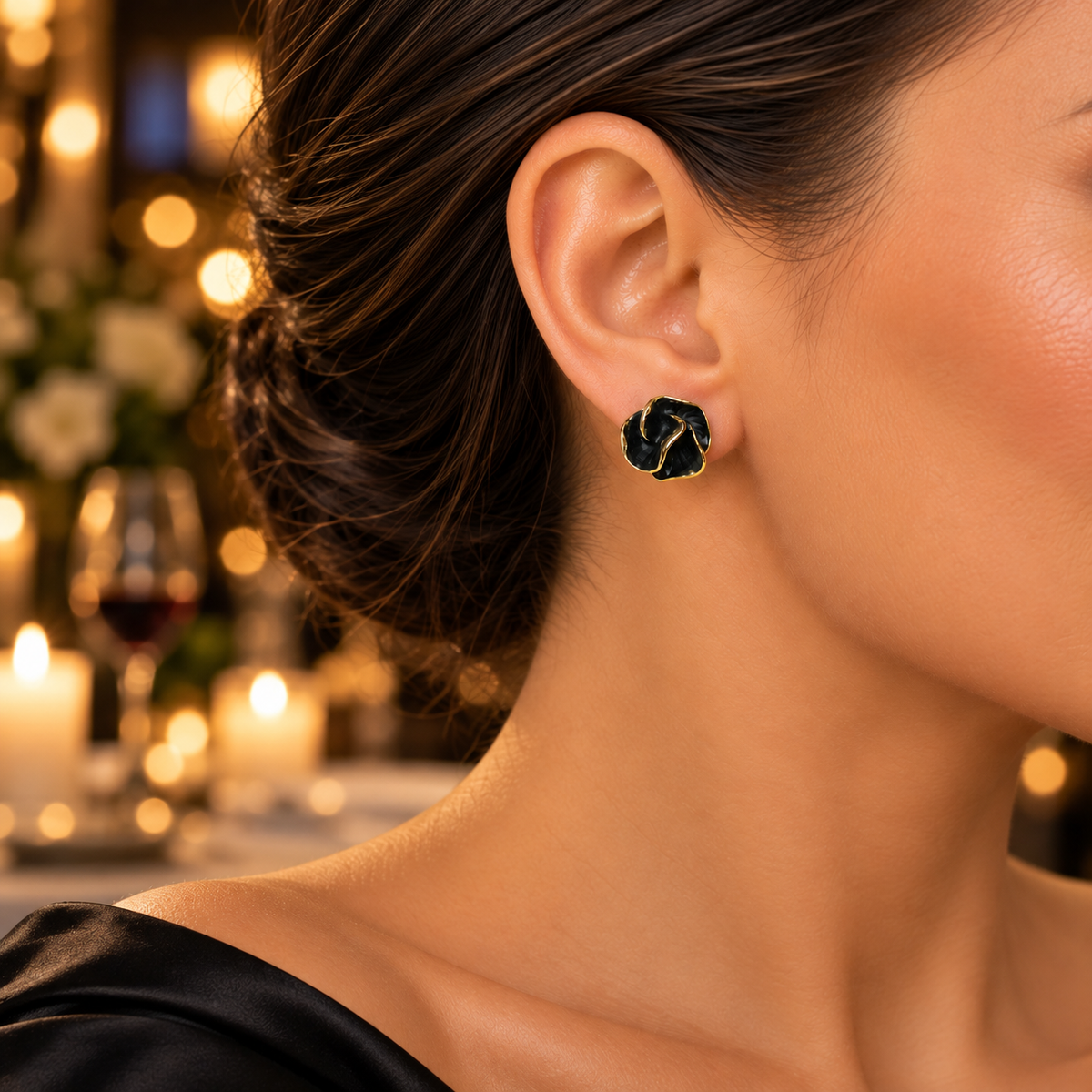 Golden Edge Black Flower Earrings