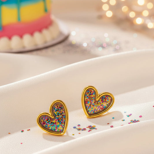 A pair of gold-tone heart-shaped stud earrings filled with multicolored confetti glitter, placed on a textured beige surface.