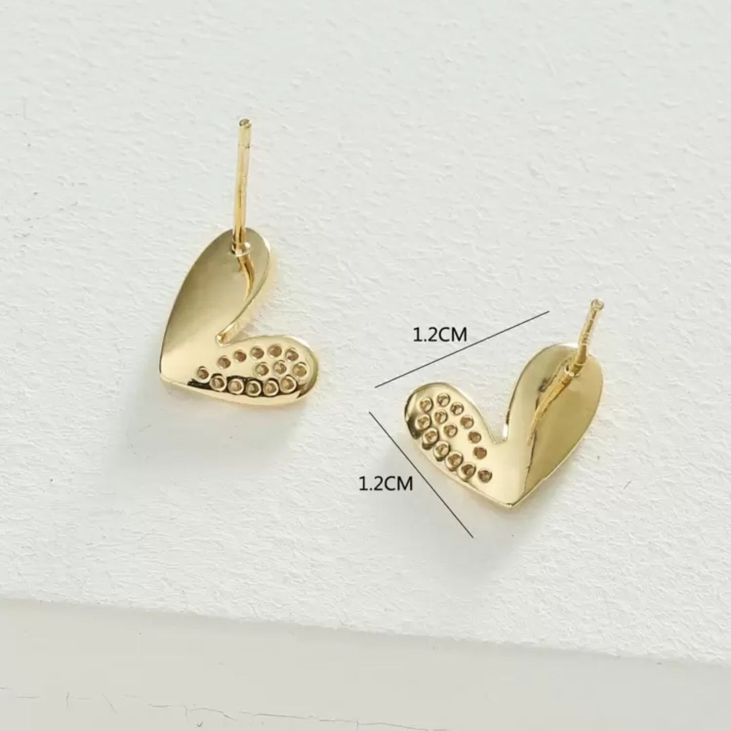 White Heart Rhinestone Earrings with measurements on a white background