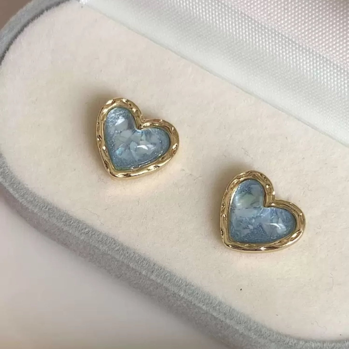 Aqua Blue Opalescent & Gold Heart Earrings inlay on a white background