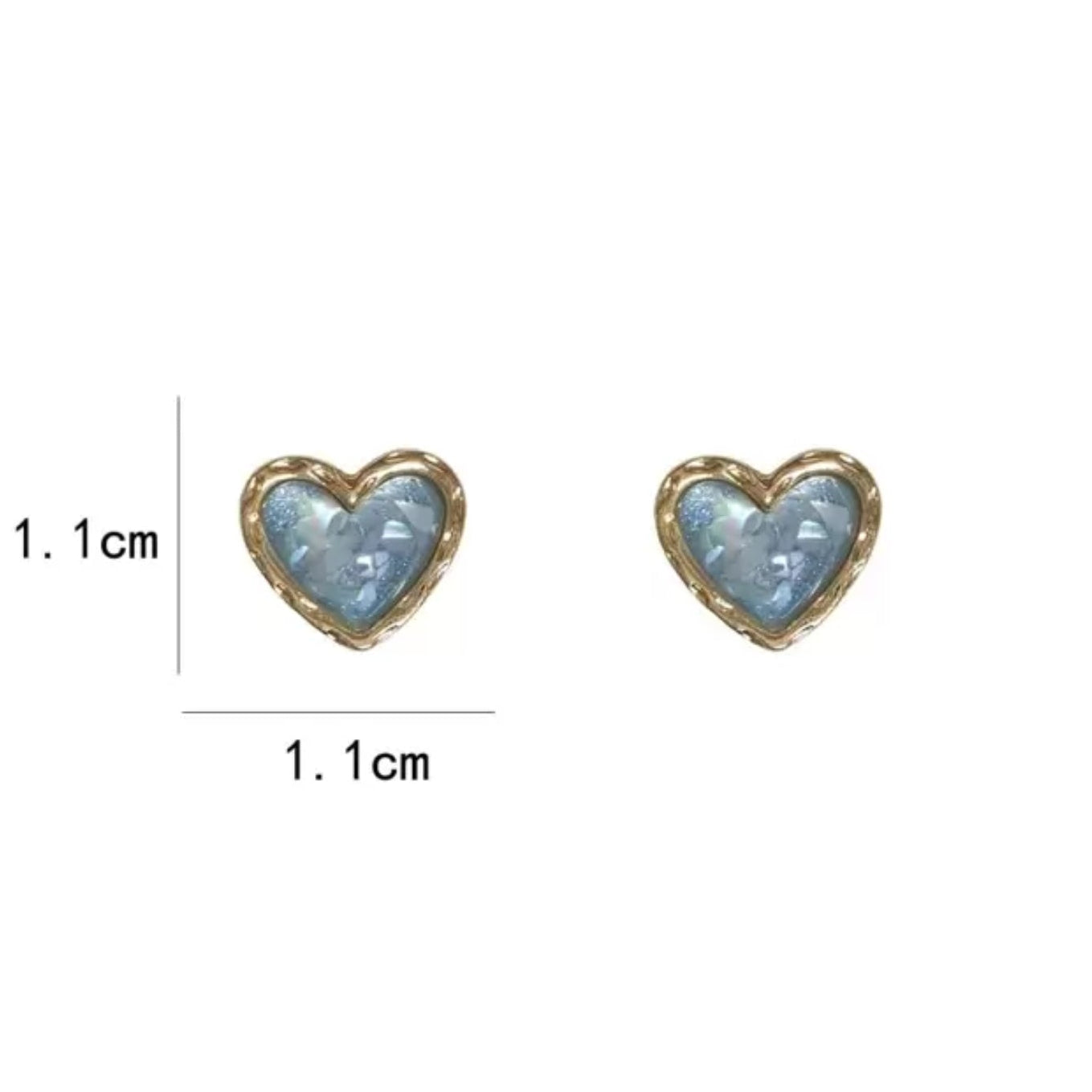 Aqua Blue Heart Earrings measuring 1.1 cm by 1.1 cm.