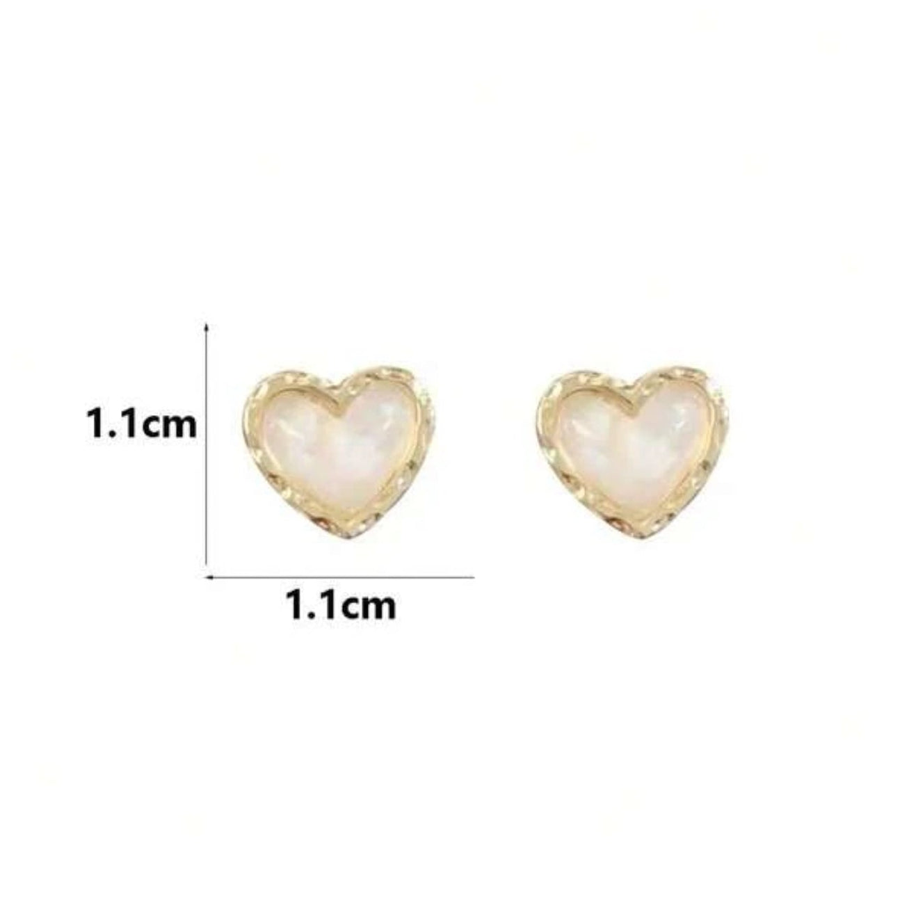 White Opalescent Heart Earrings with gold outline on a white background