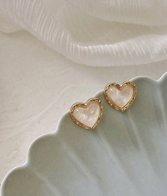 White Opalescent Heart Earrings