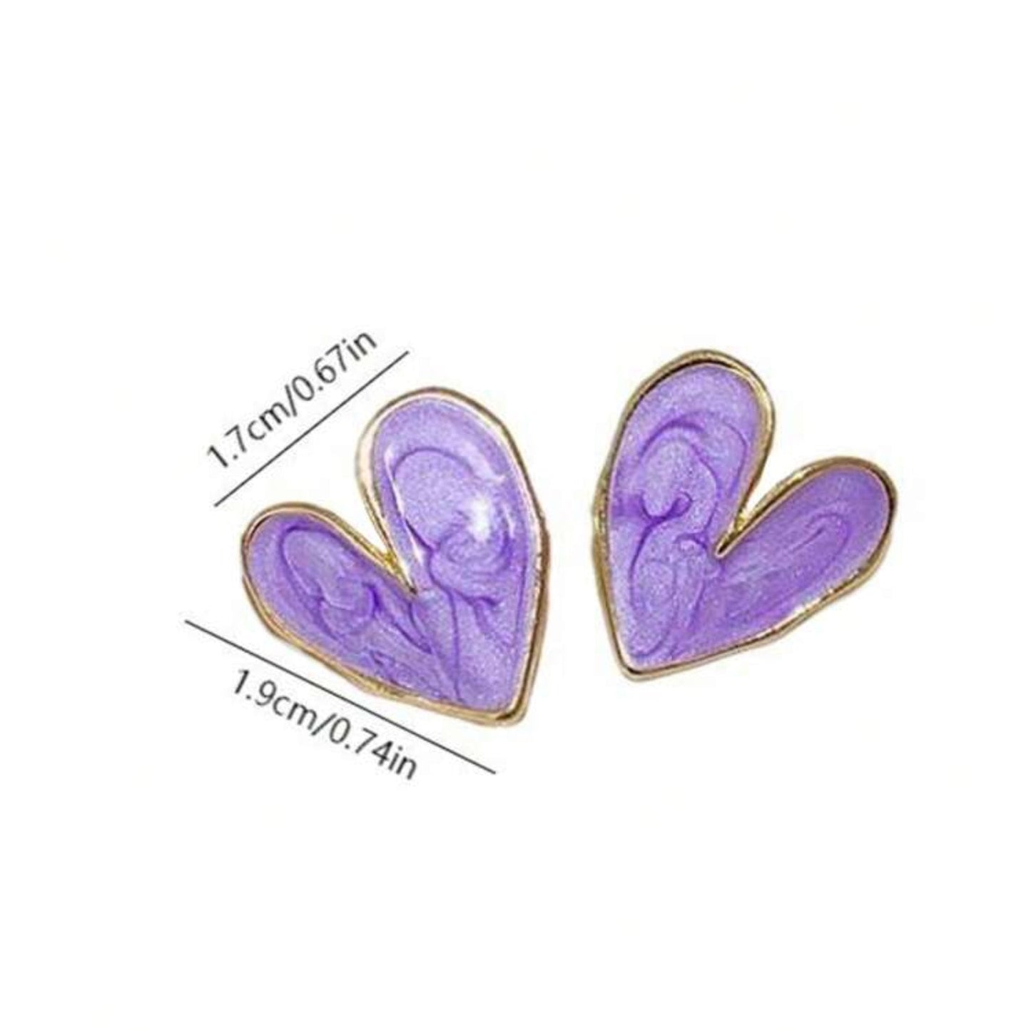 Purple heart-shaped earrings with gold accents on a white background, showing measurements.