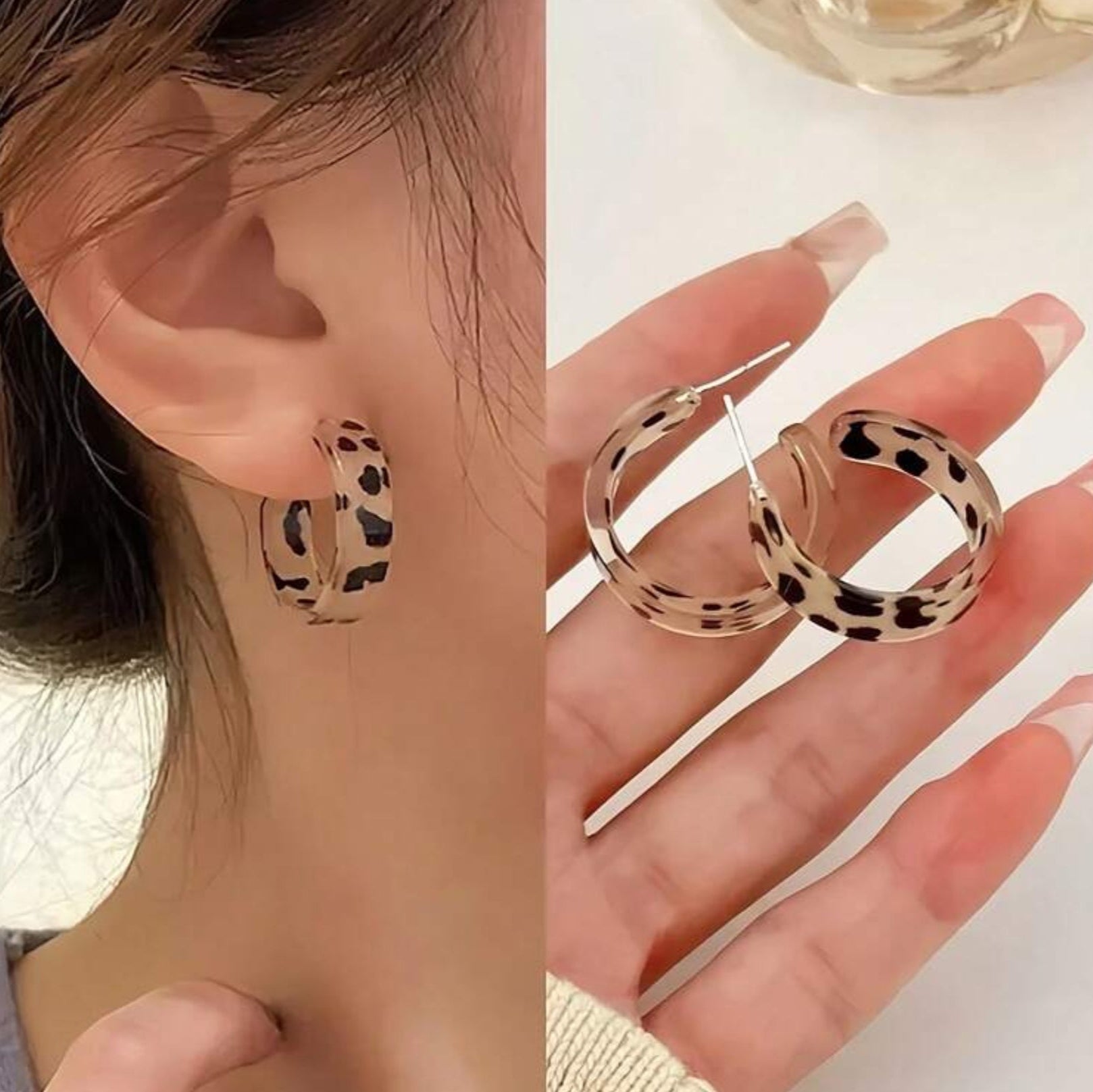 Leopard print hoop earrings worn and held in hand