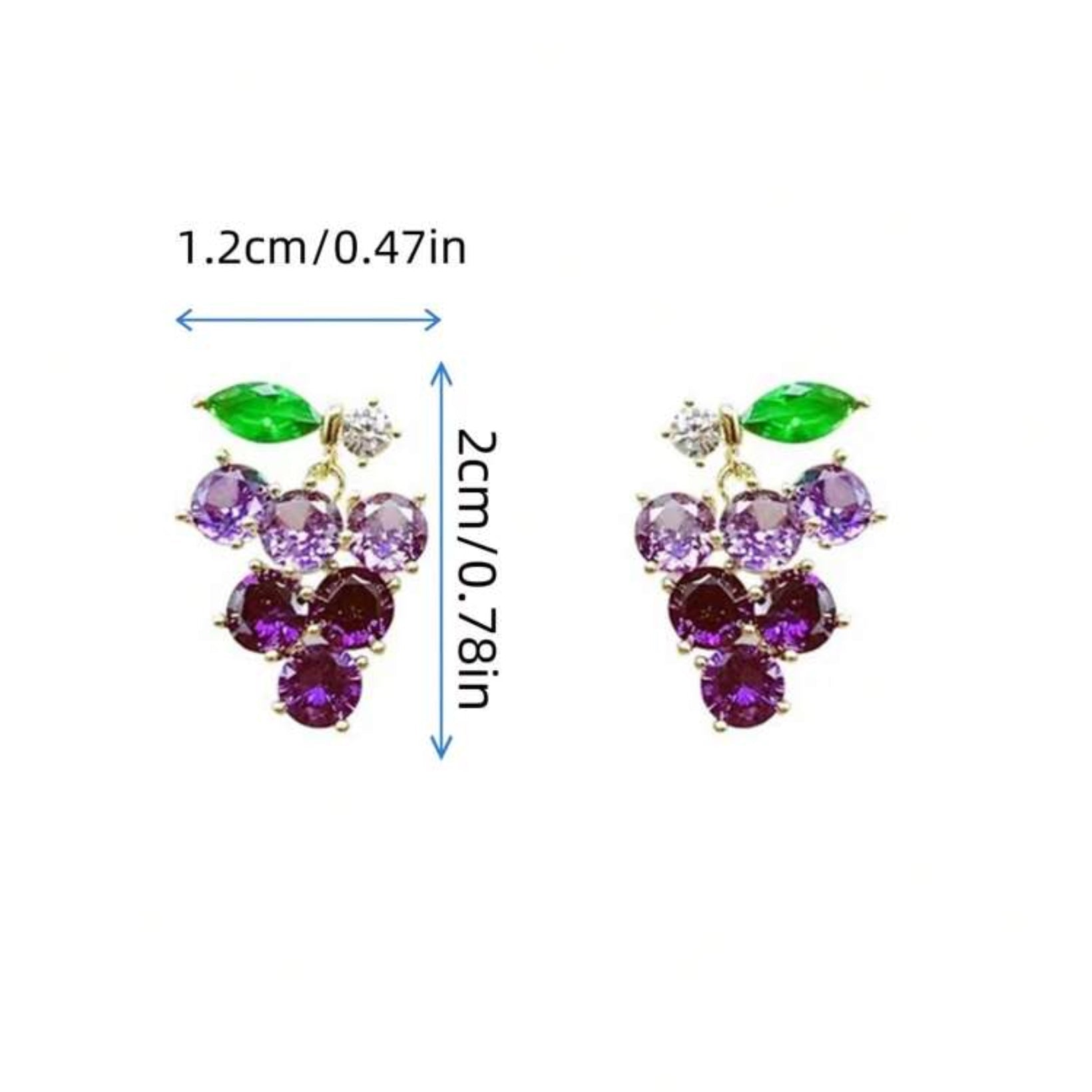Grape-shaped earrings with measurements on a white background