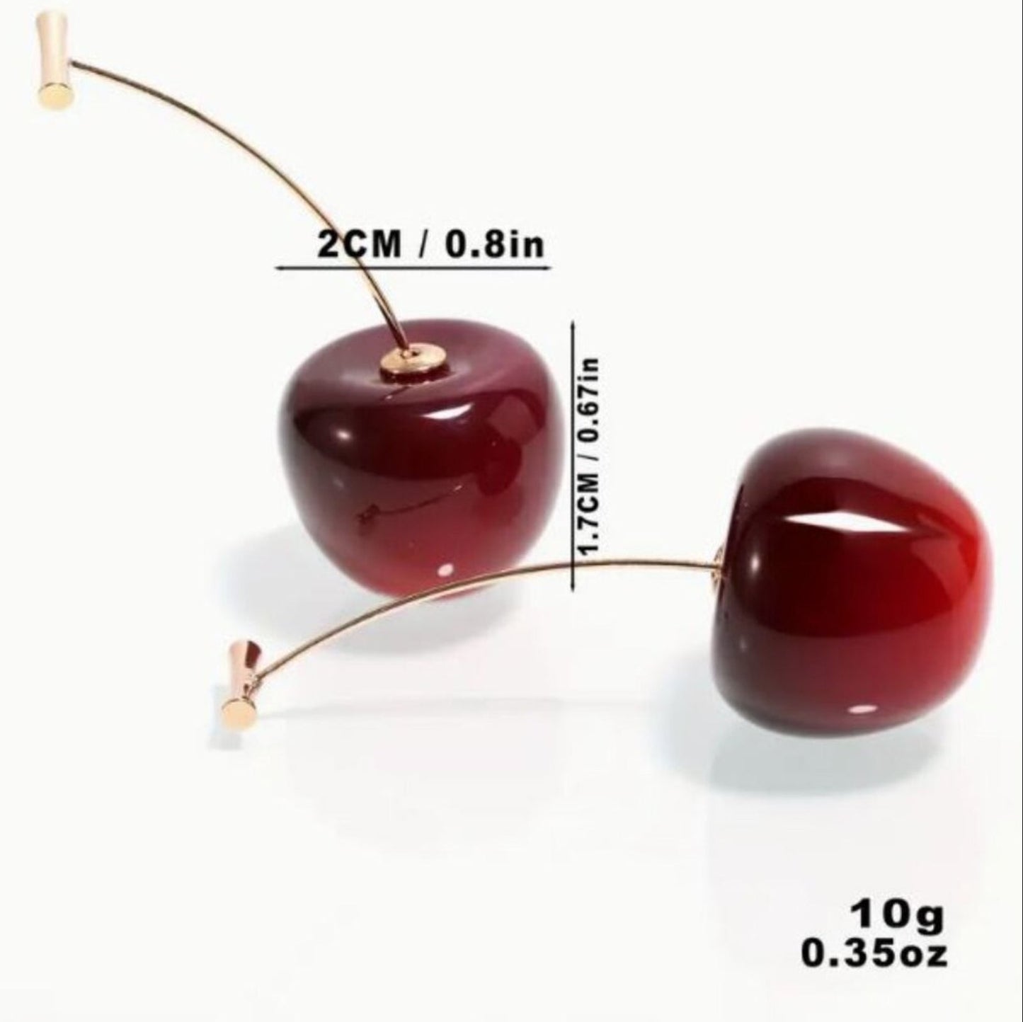Cherry-shaped earrings with measurements on a white background