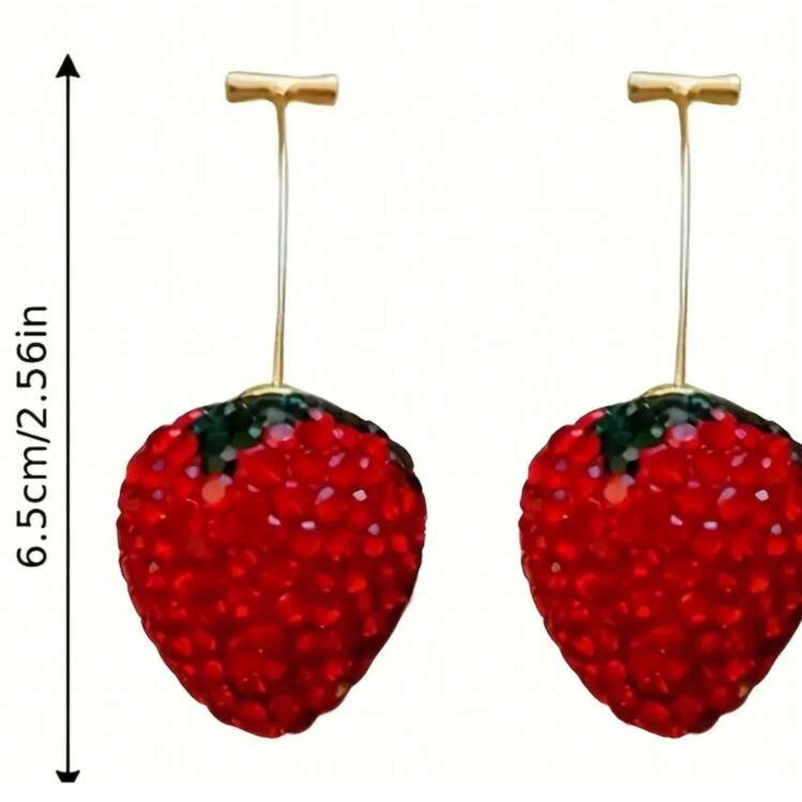 Red strawberry-shaped earrings with gold hooks on a white background, showing dimensions.
