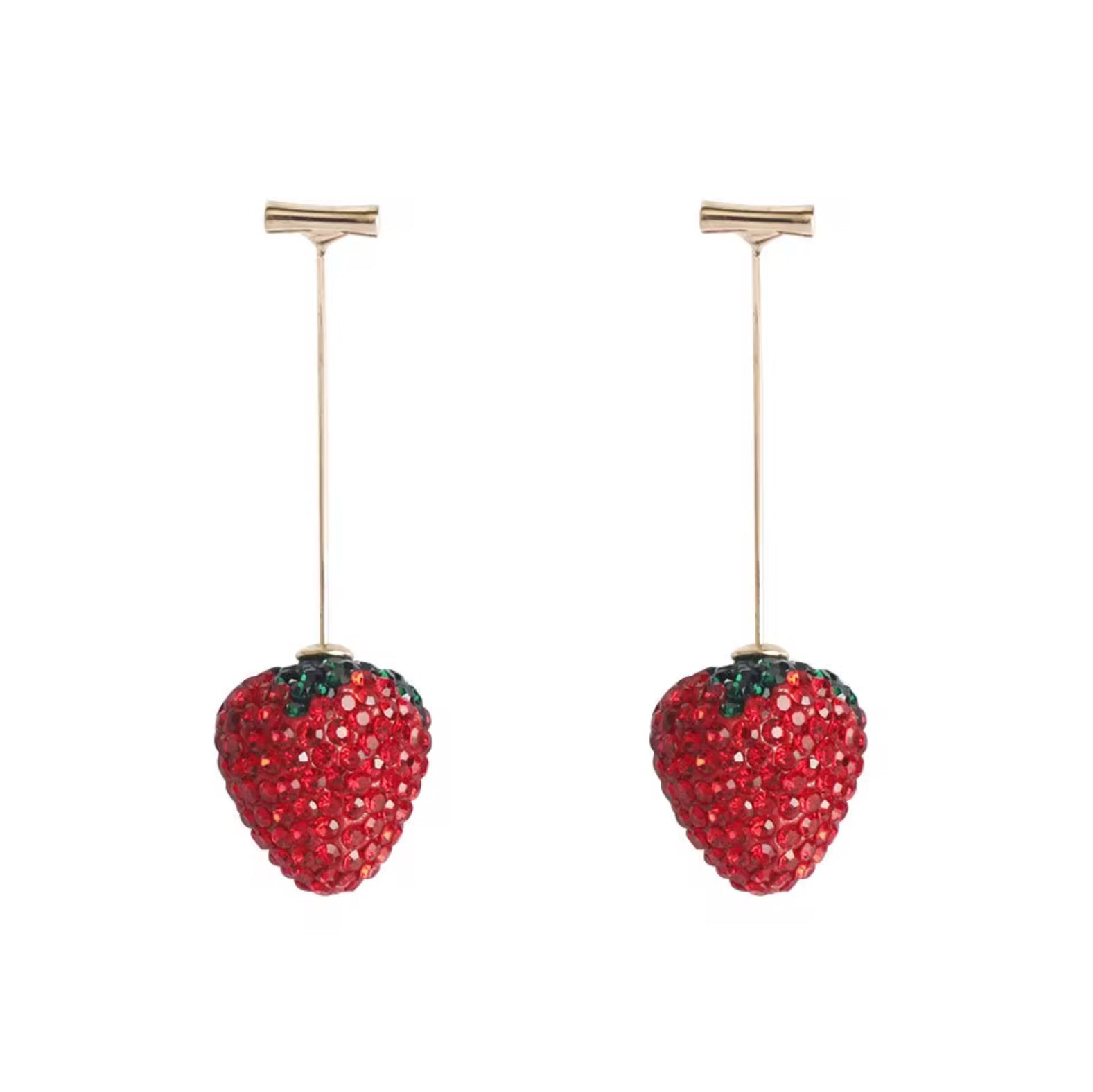 Strawberry-shaped earrings with gold hooks on a white background