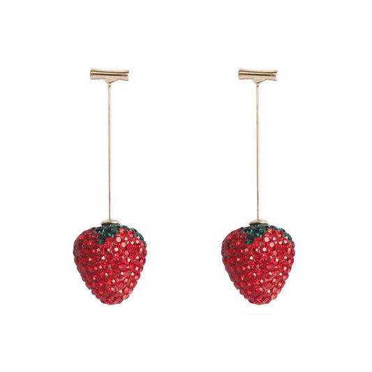 Strawberry-shaped earrings with gold hooks on a white background