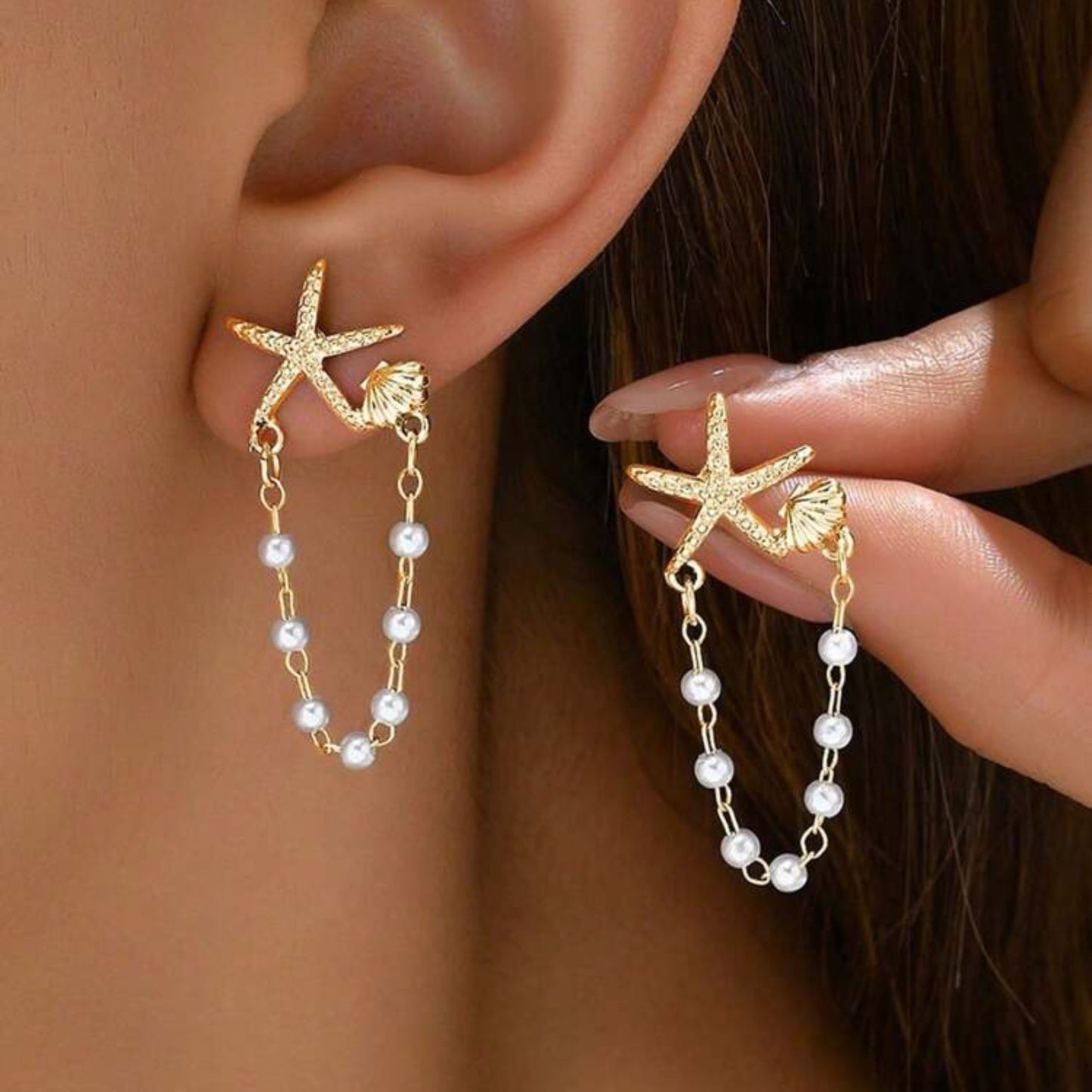 Gold Starfish Pearl Drop & Shell Pearl Starfish Earring Set