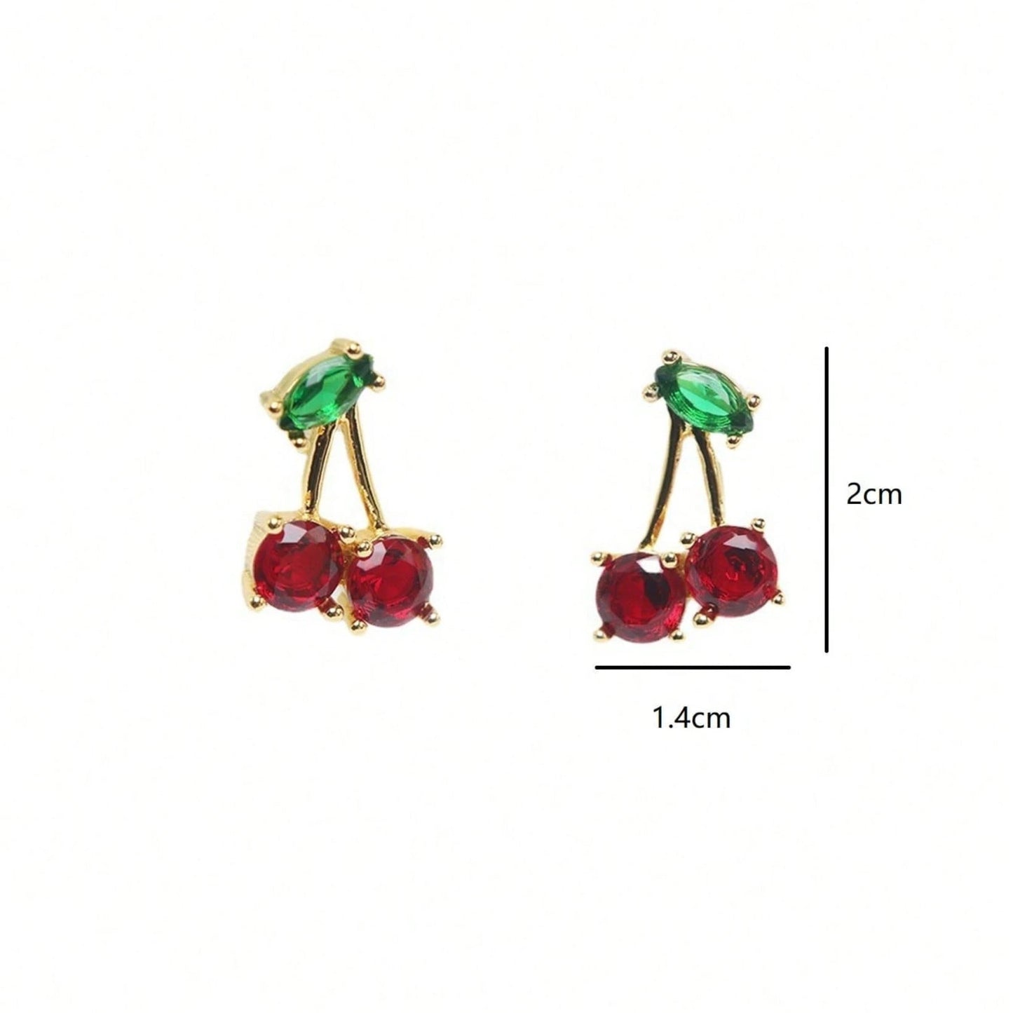 Cherry-themed earrings with green and red stones on a white background