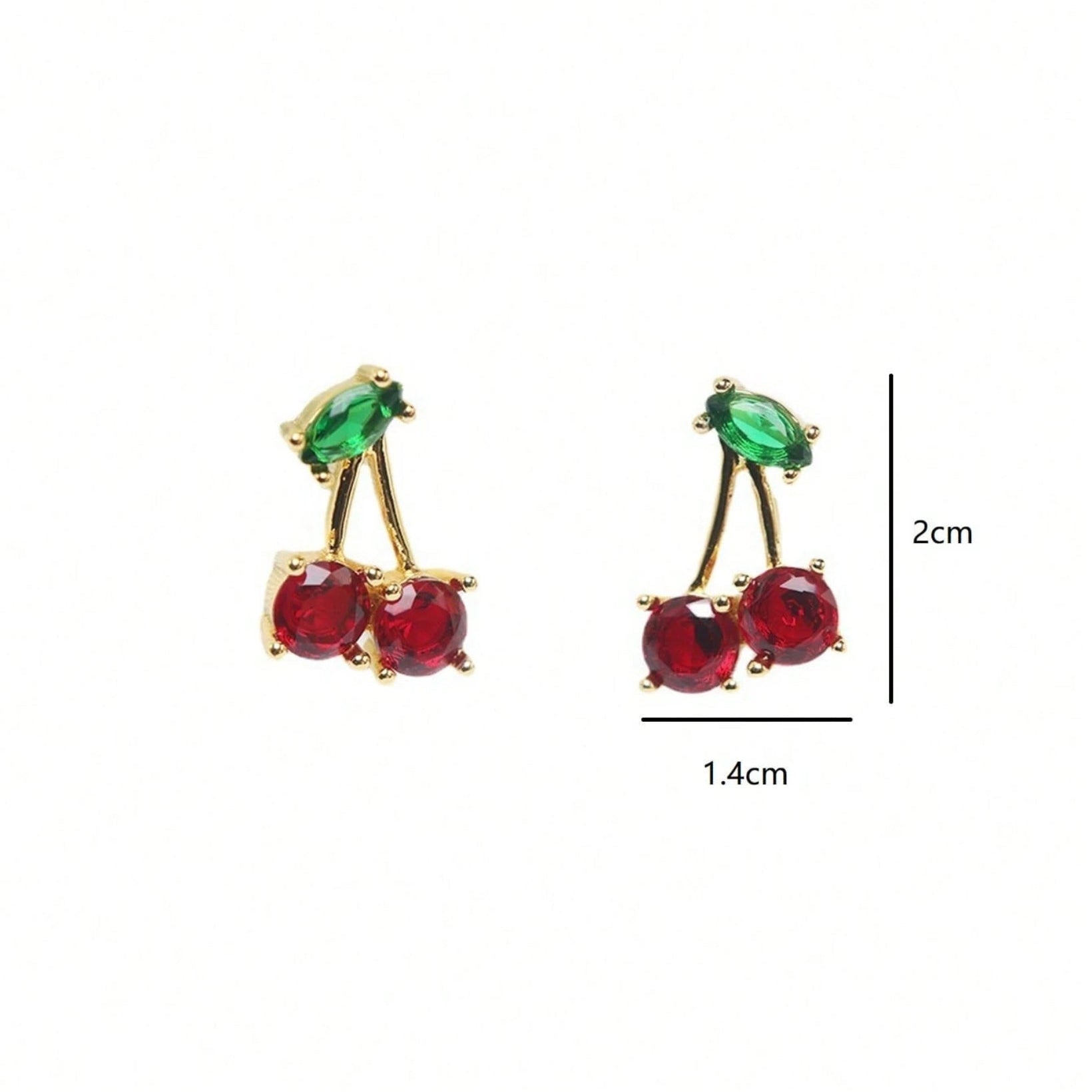 Cherry-themed earrings with green and red stones on a white background