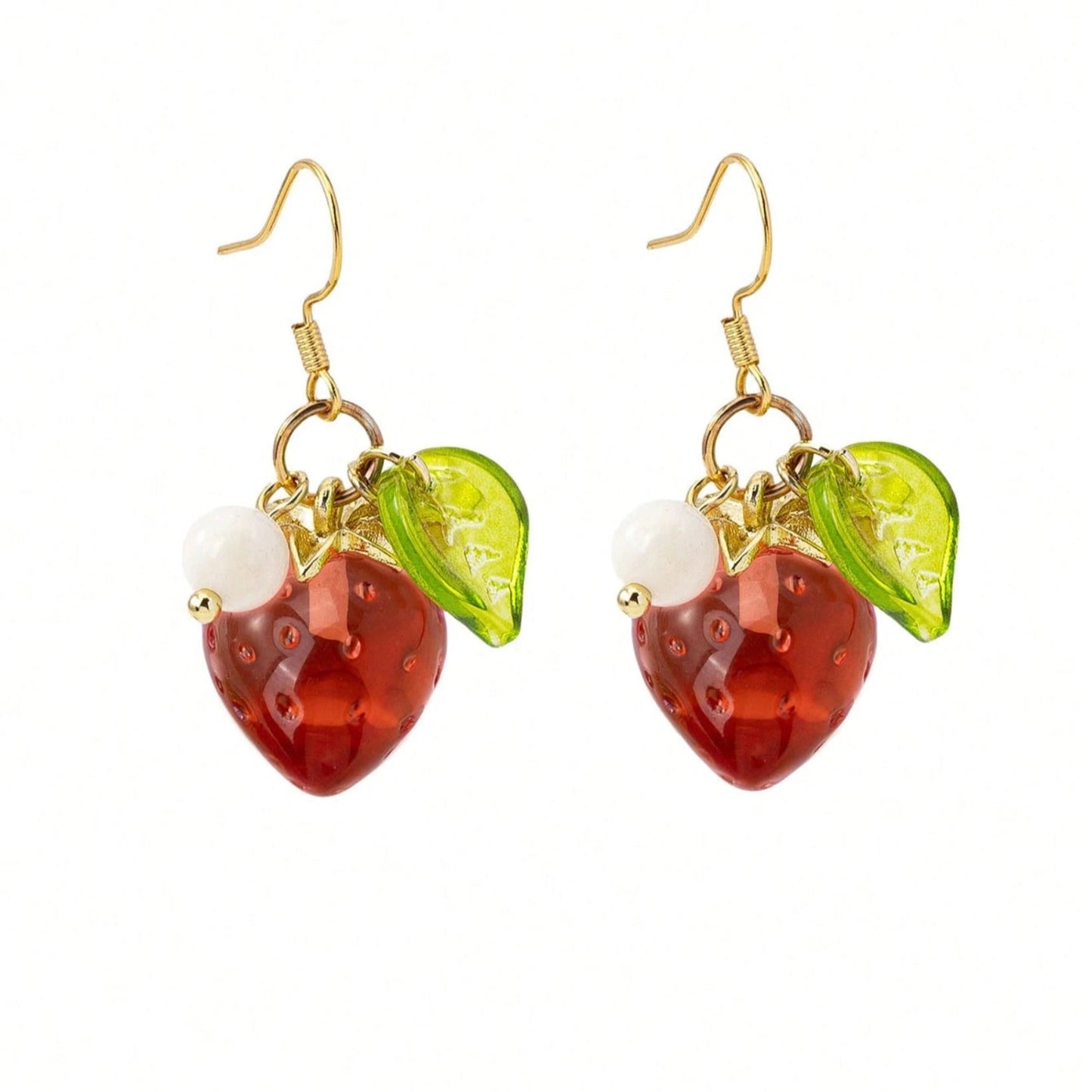 Strawberry Flower Earrings with gold hooks on a white background