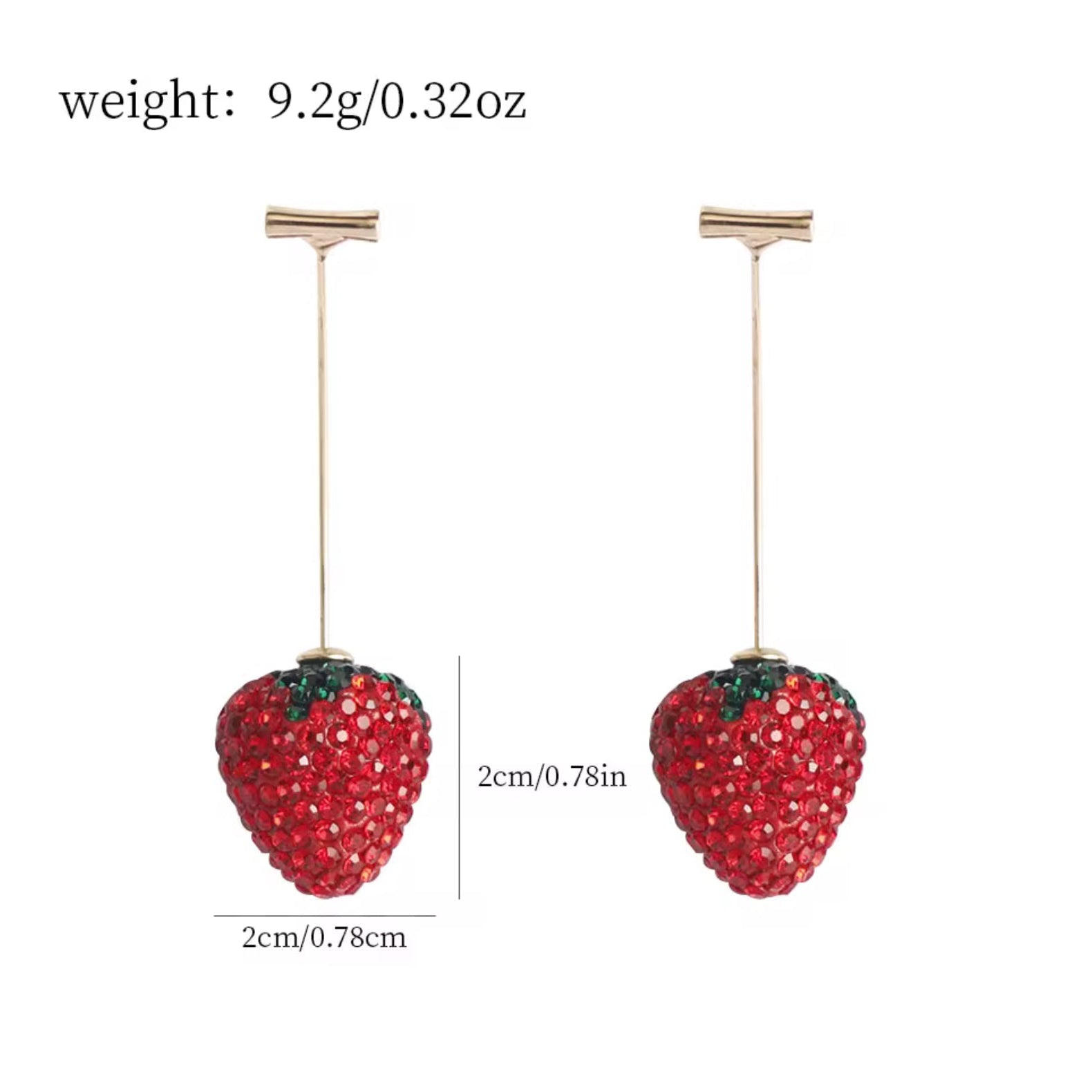 Strawberry-shaped earrings with gold hooks, weight, and dimensions displayed.