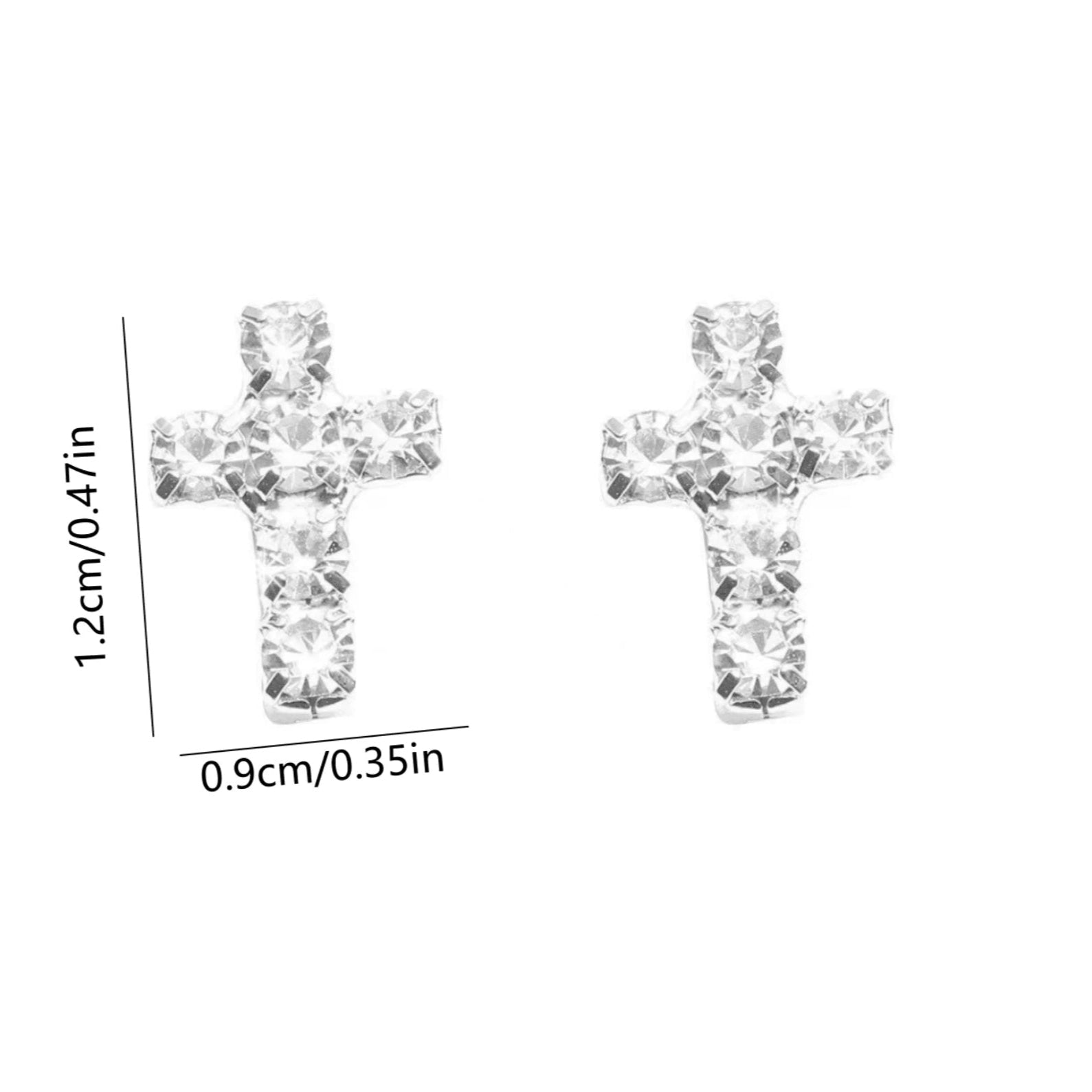 Cross-shaped earrings with crystal-like stones on a white background, showing measurements.