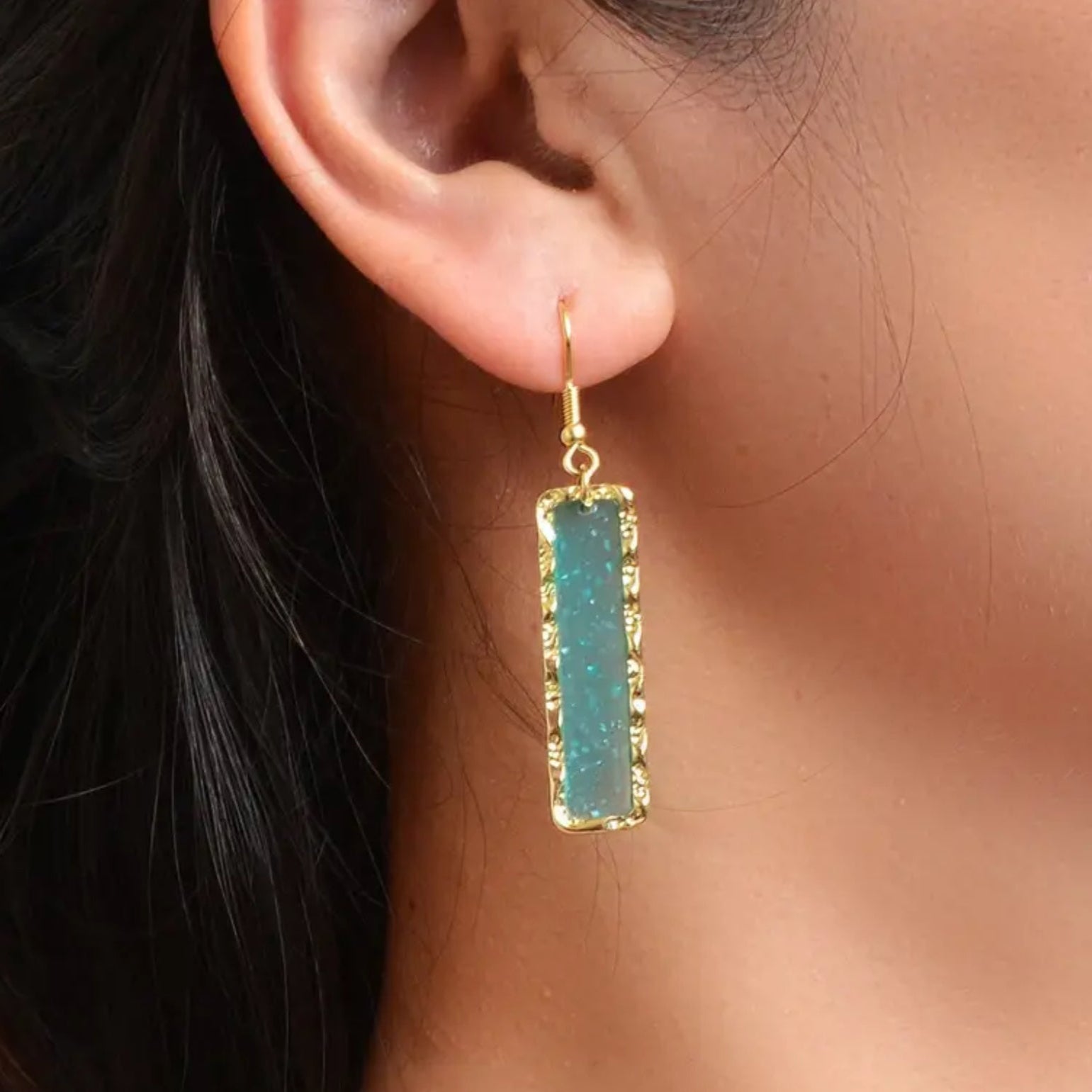 Ocean Mist Sea Glass Earrings worn by a person