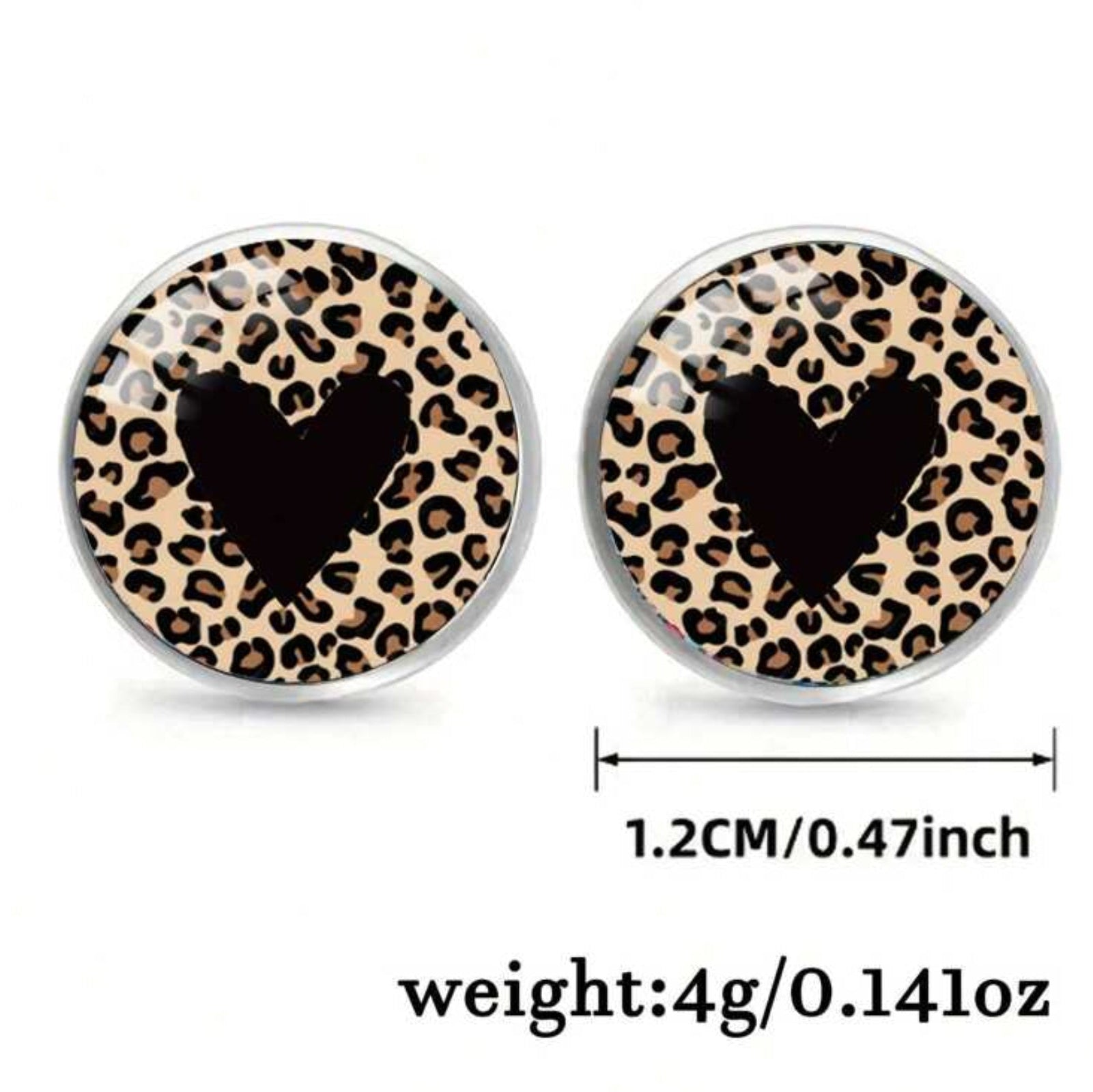 Leopard print earrings with a black heart design, shown with measurements and weight information.