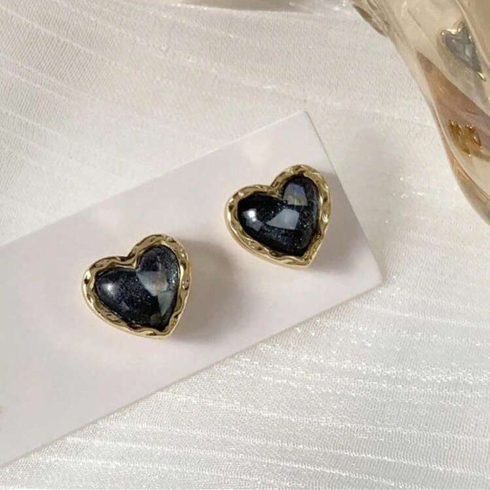 Midnight Mosaic Gold Heart Studs on a white card