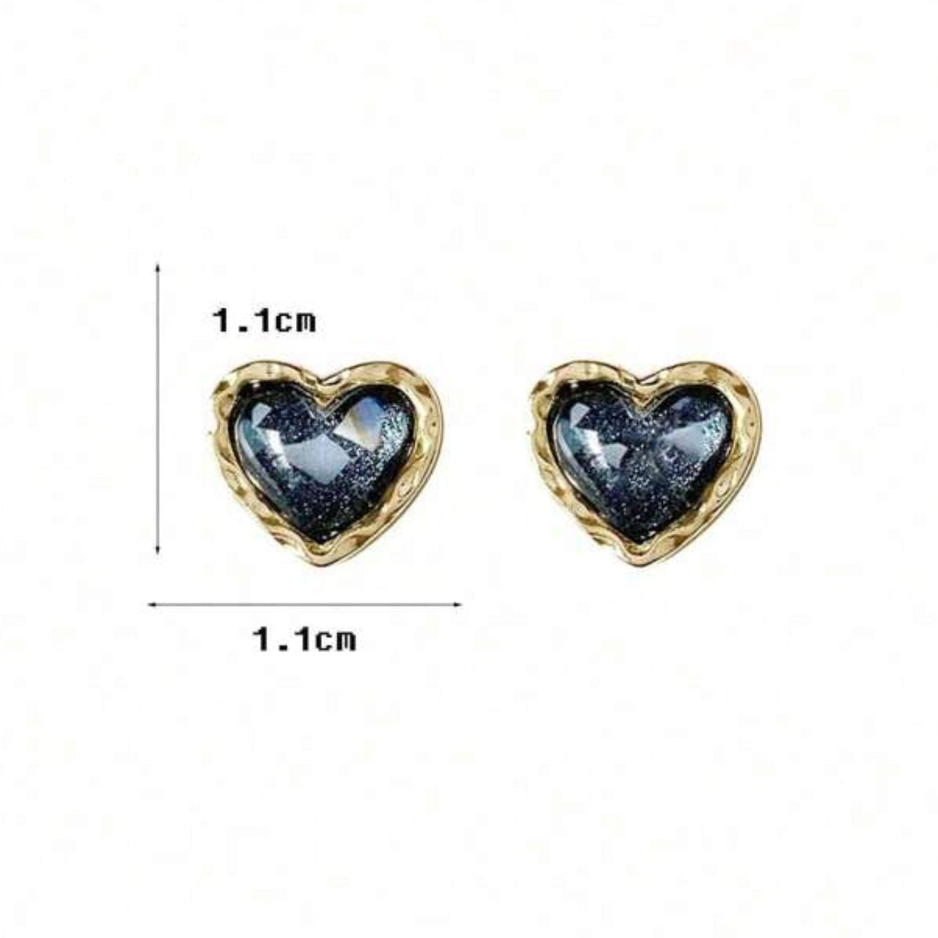 Midnight Mosaic Black & Gold Heart Earrings shown with measurements on a white background.