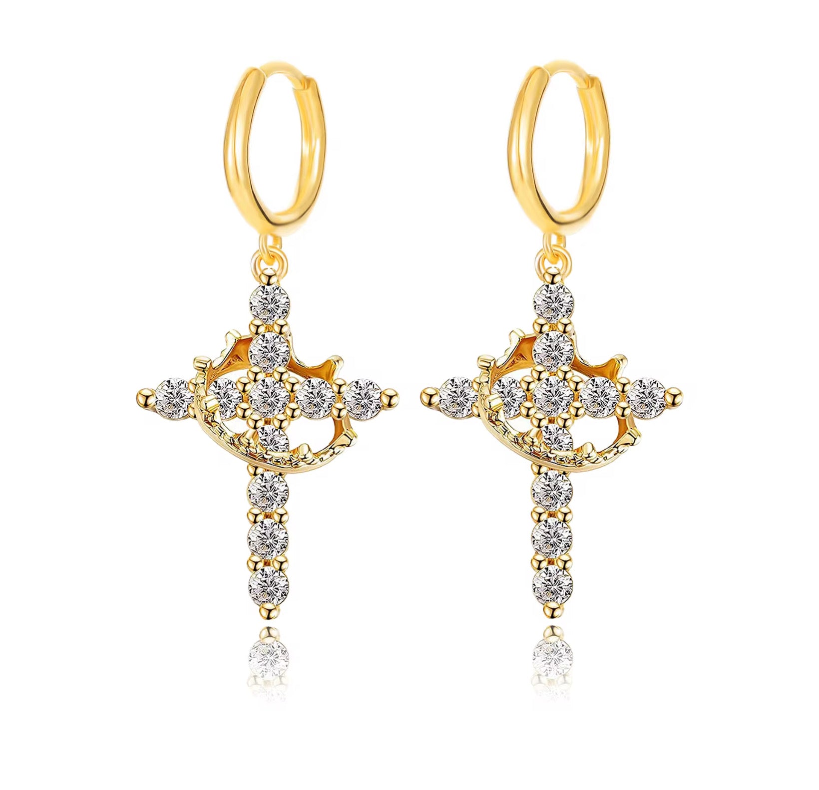 Gold Cross Crown earrings with cubic zirconia stones on a white background