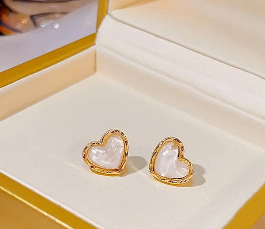 White Opalescent Heart Earrings