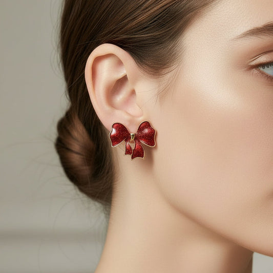 Woman wearing Crimson Glitter Bow Earrings