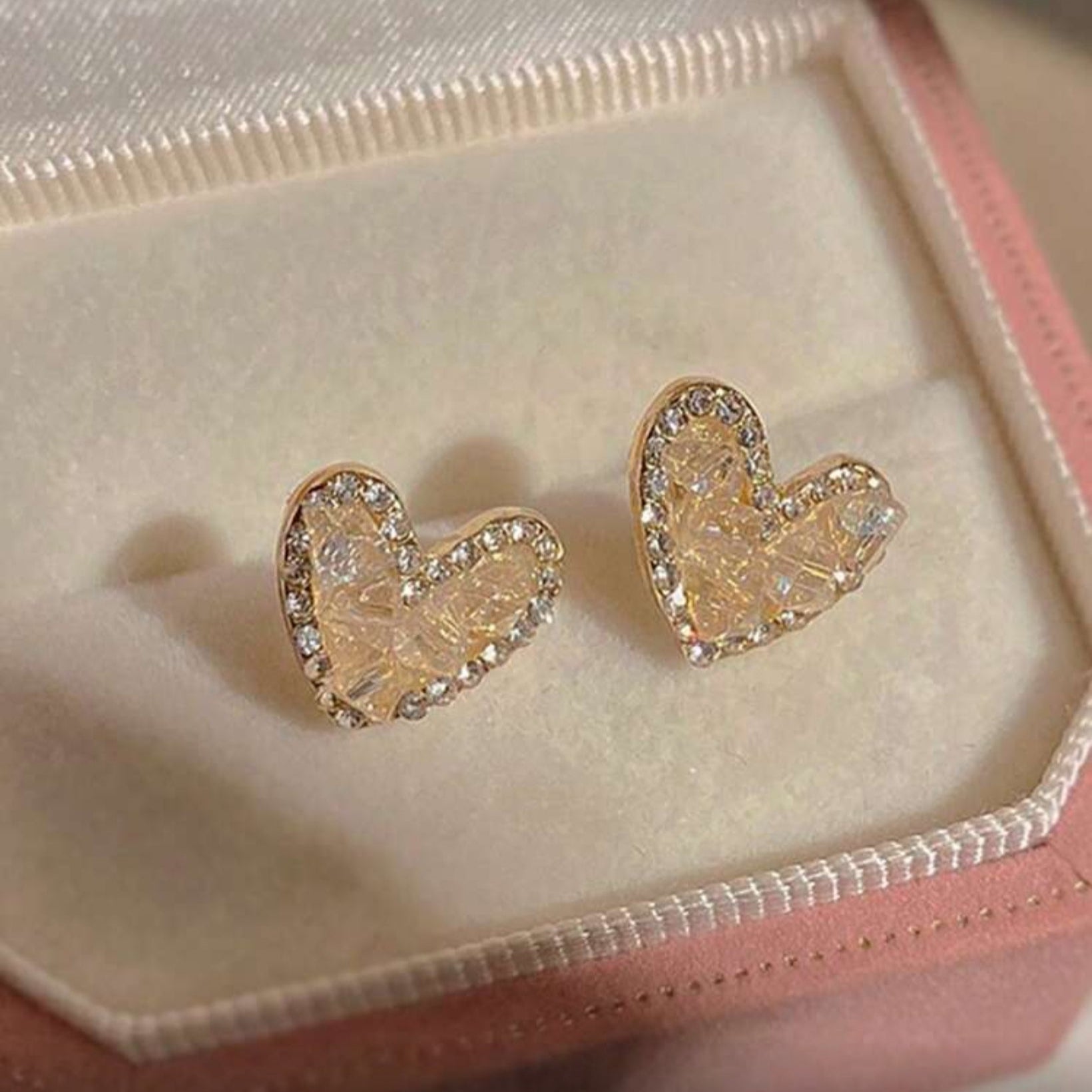 Champagne Heart Earrings in jewelry box