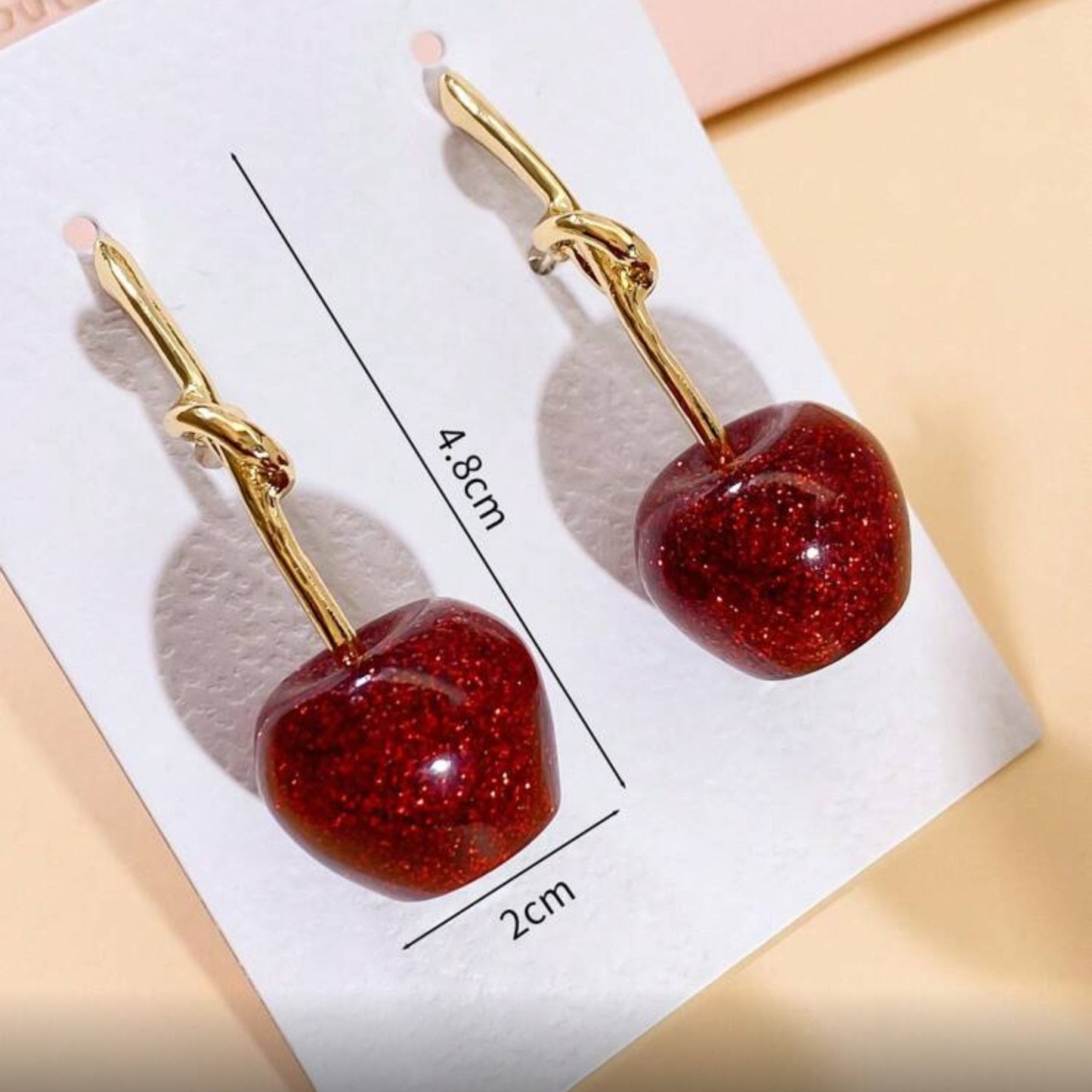 Candy Red Apple Earrings showing dimensions