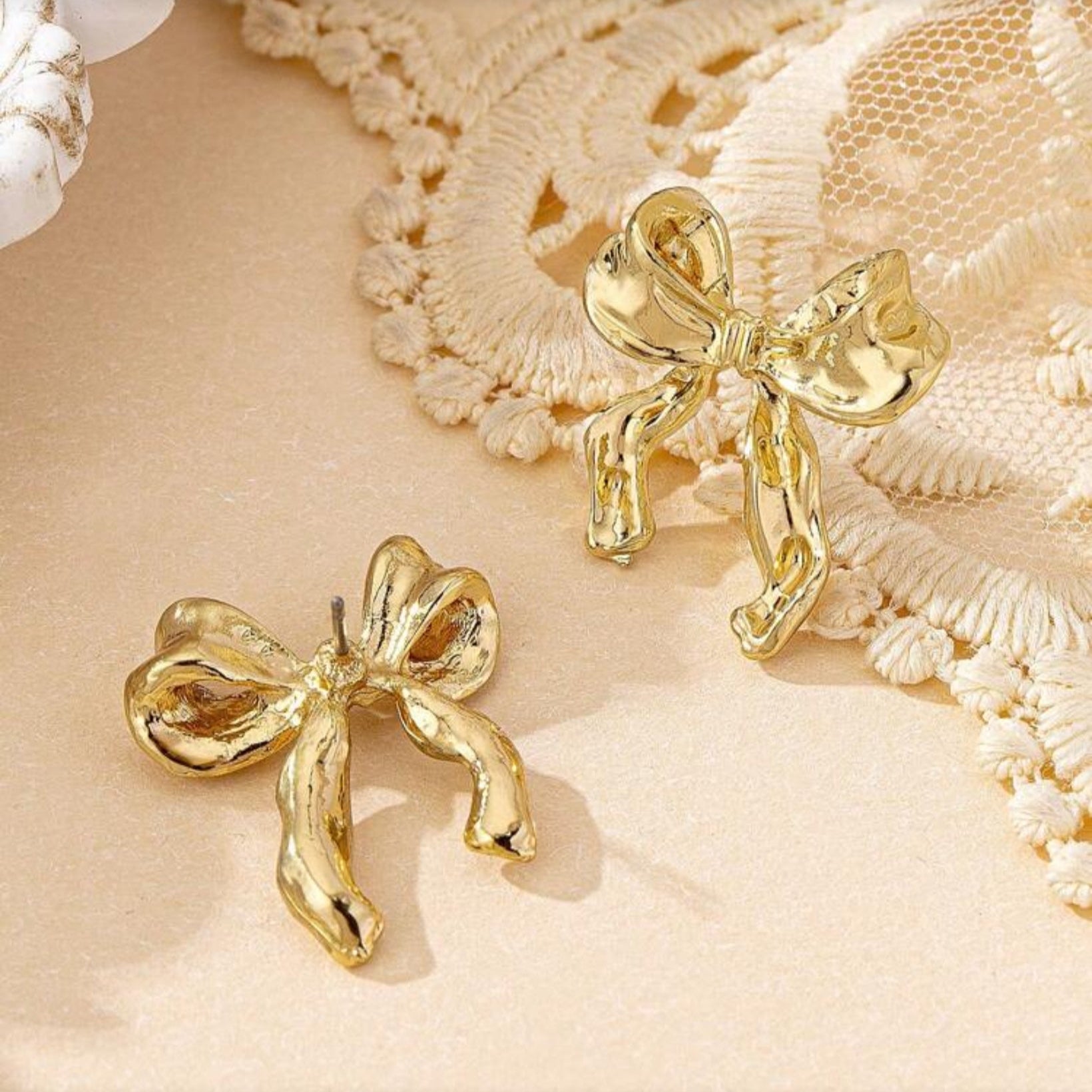 Gold Bow Ribbon Earrings front and back