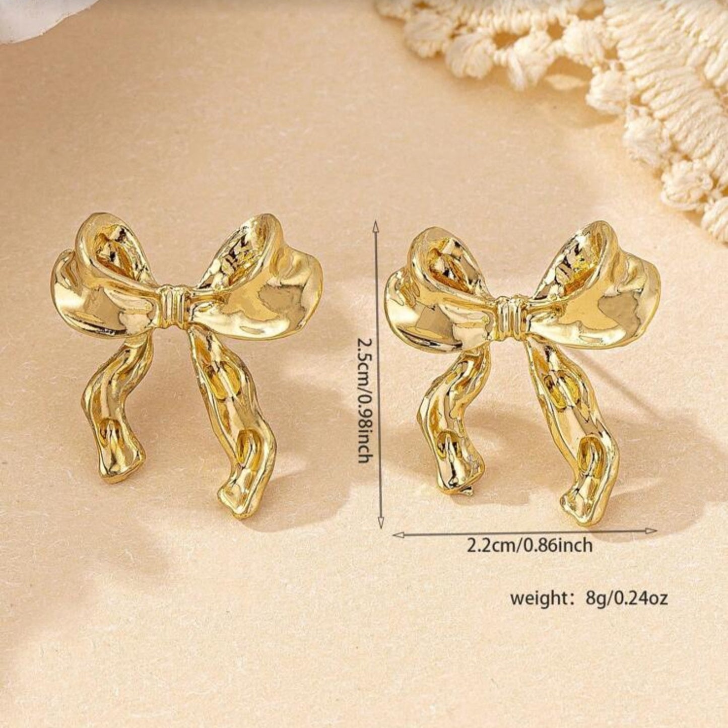 Gold Bow Ribbon Earrings with dimensions