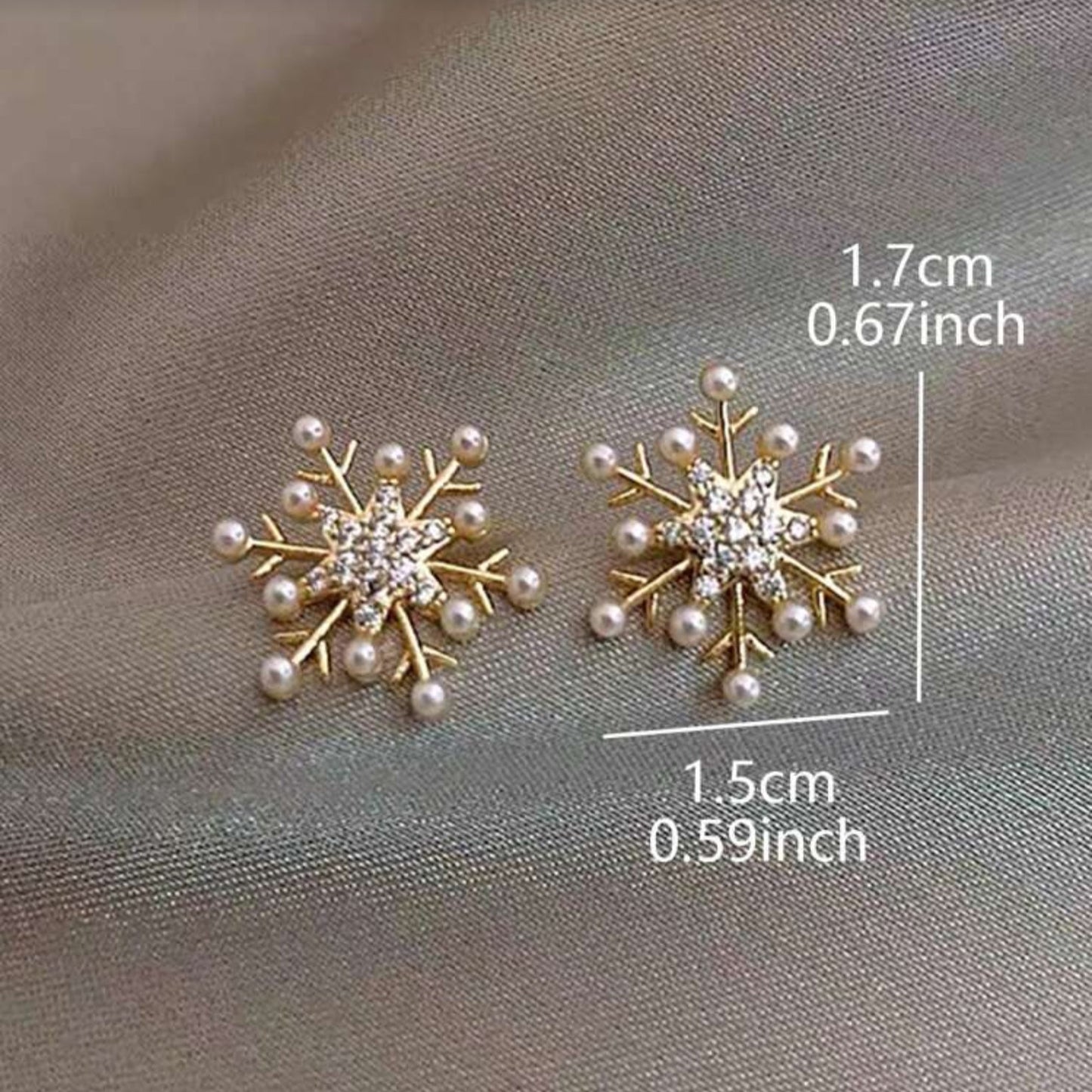 Snowflake Pearl Earrings with pearl details on a gray background, showing measurements.