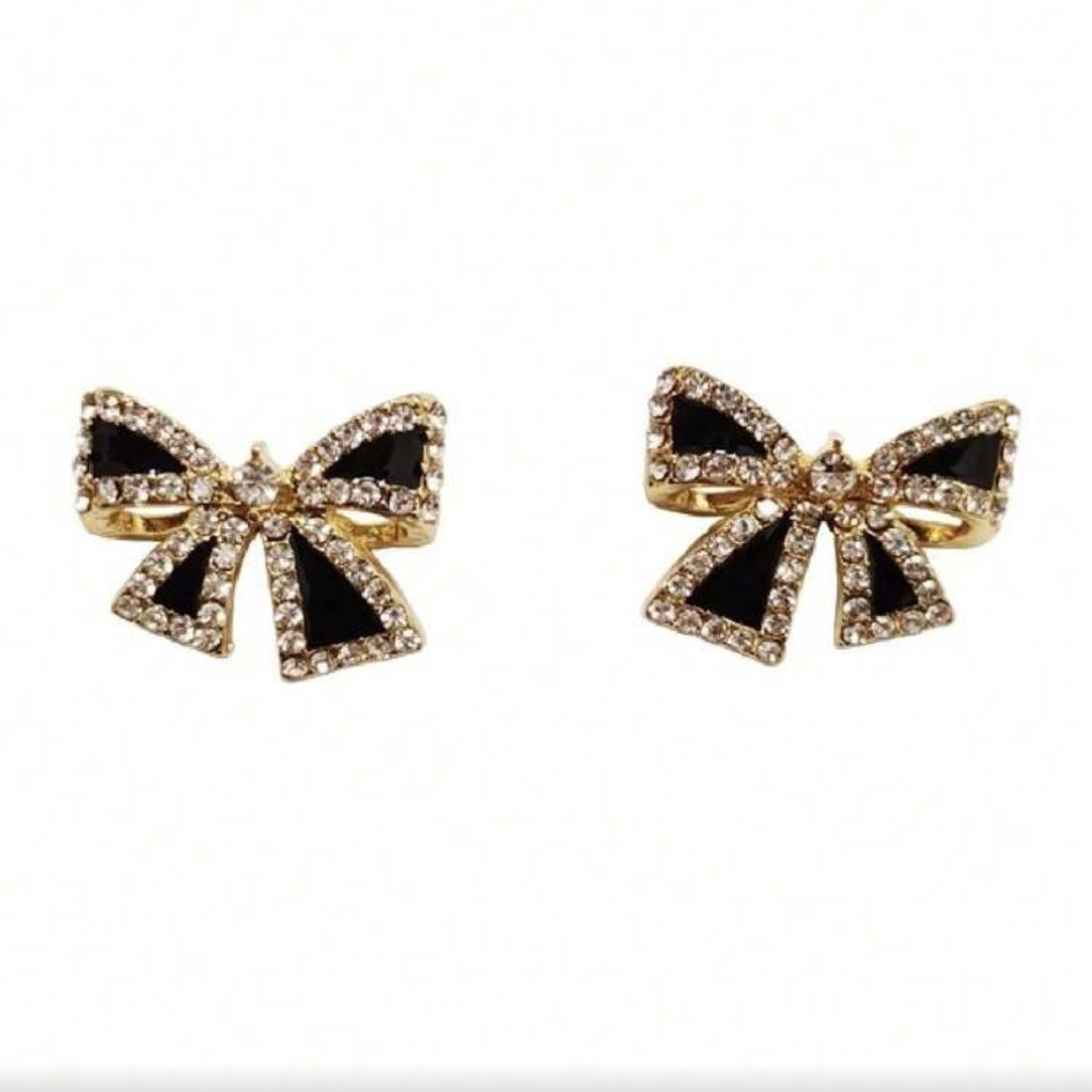 Black Bow Rhinestone Earrings with black centers on a white background