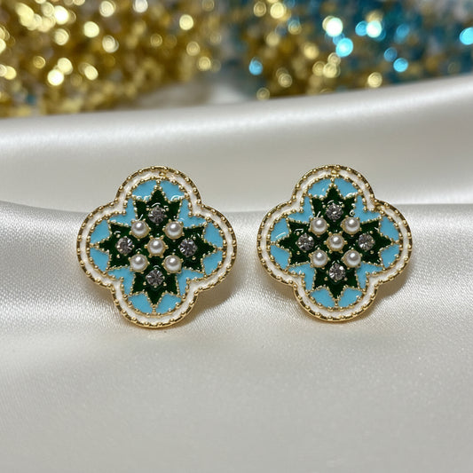 Mosaic Pearl Flower Earrings with green and blue floral design on a white background